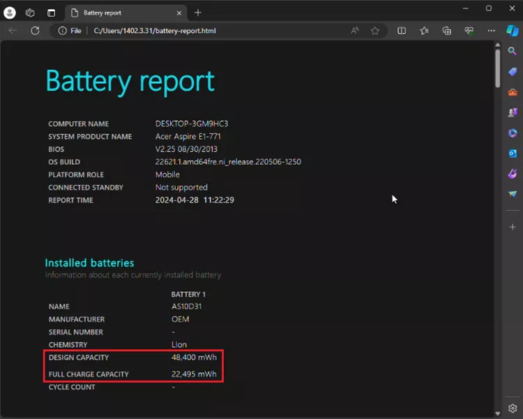 Battery report in Windows 11
